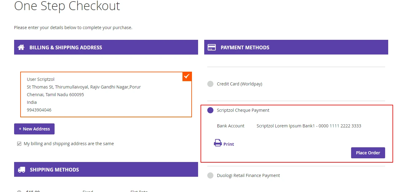 cheque payment frontend checkout