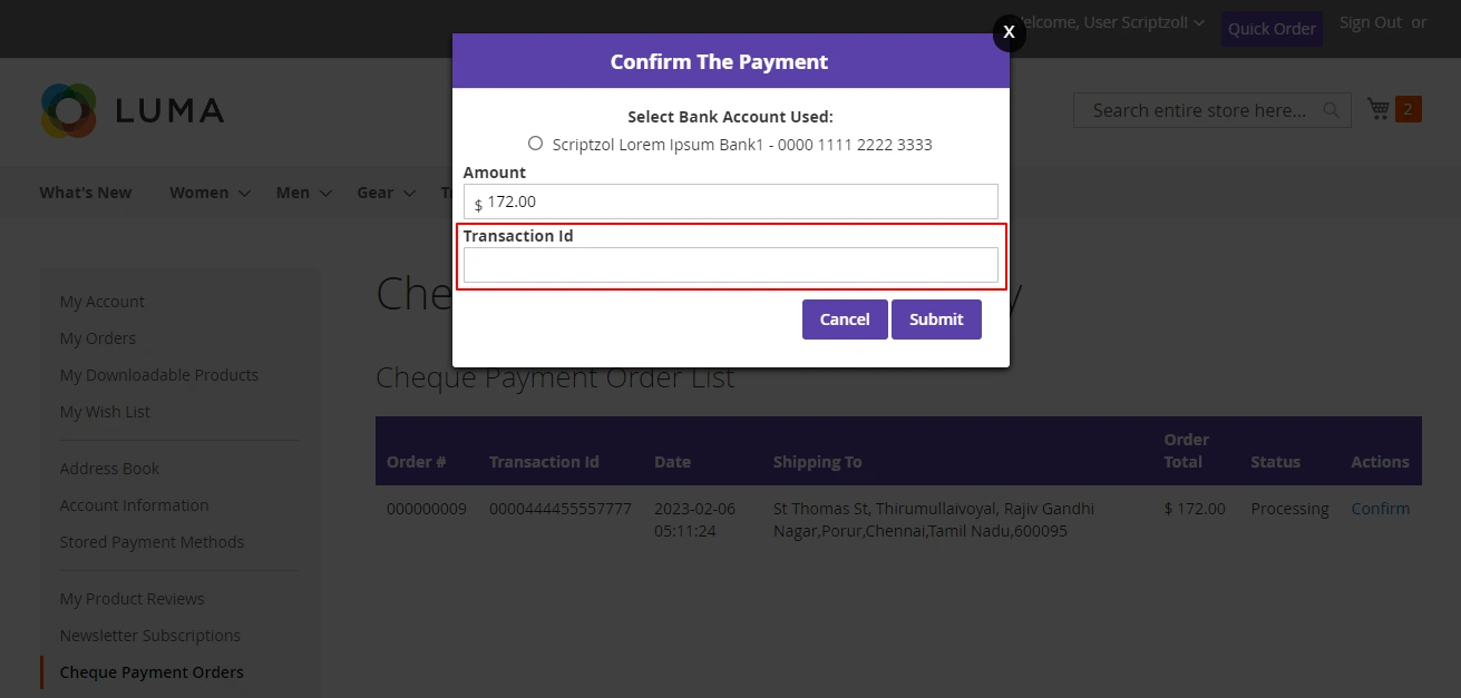 cheque payment frontend confirm payment