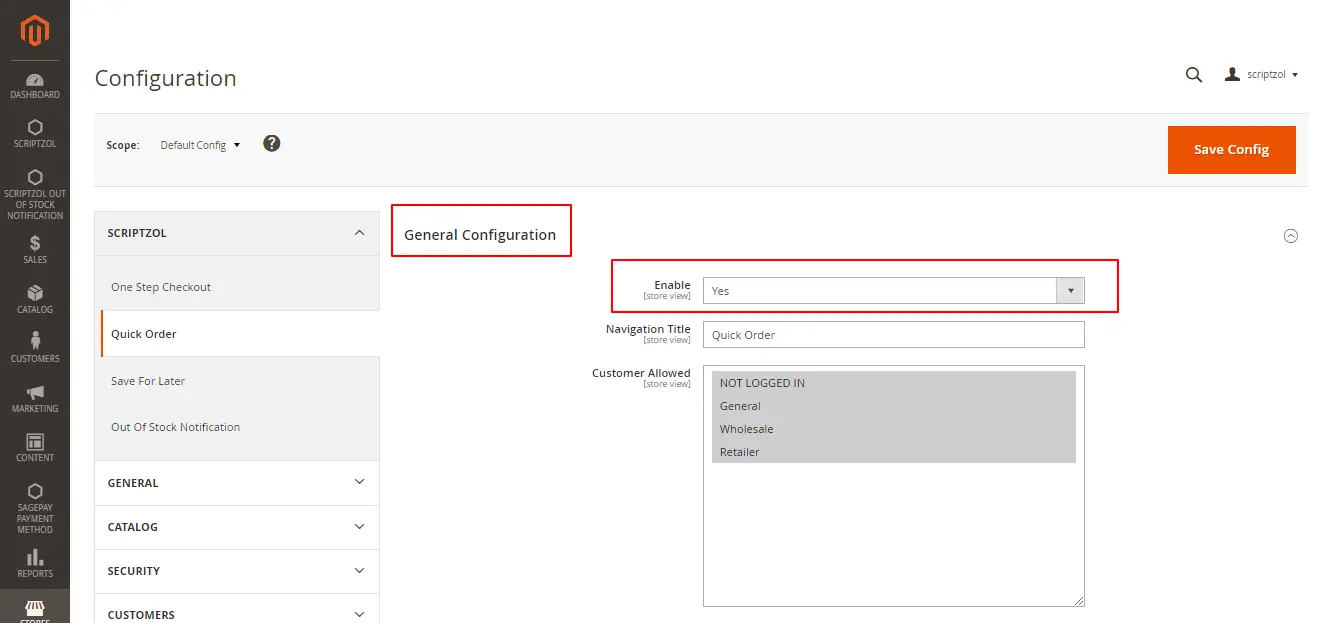 quickorder store configuration general